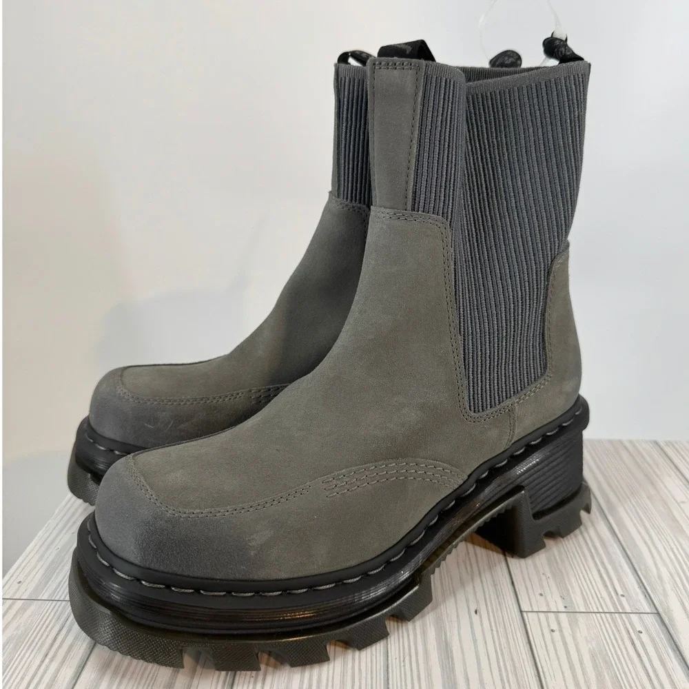 Dr.Martens Corran Chelsea Waxy Boots Grey Suede Heeled Platform Lug Sole Wmns 10